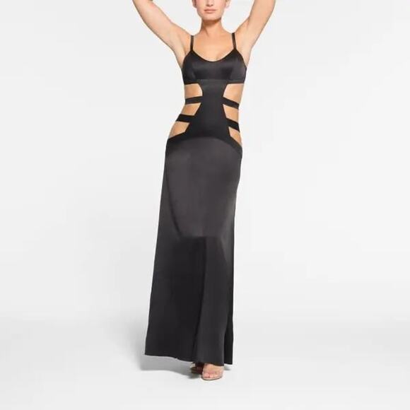 Skims NWT Black Sand Washed Cut Out Silk Strappy Slip Maxi Dress Size XS - Picture 1 of 6